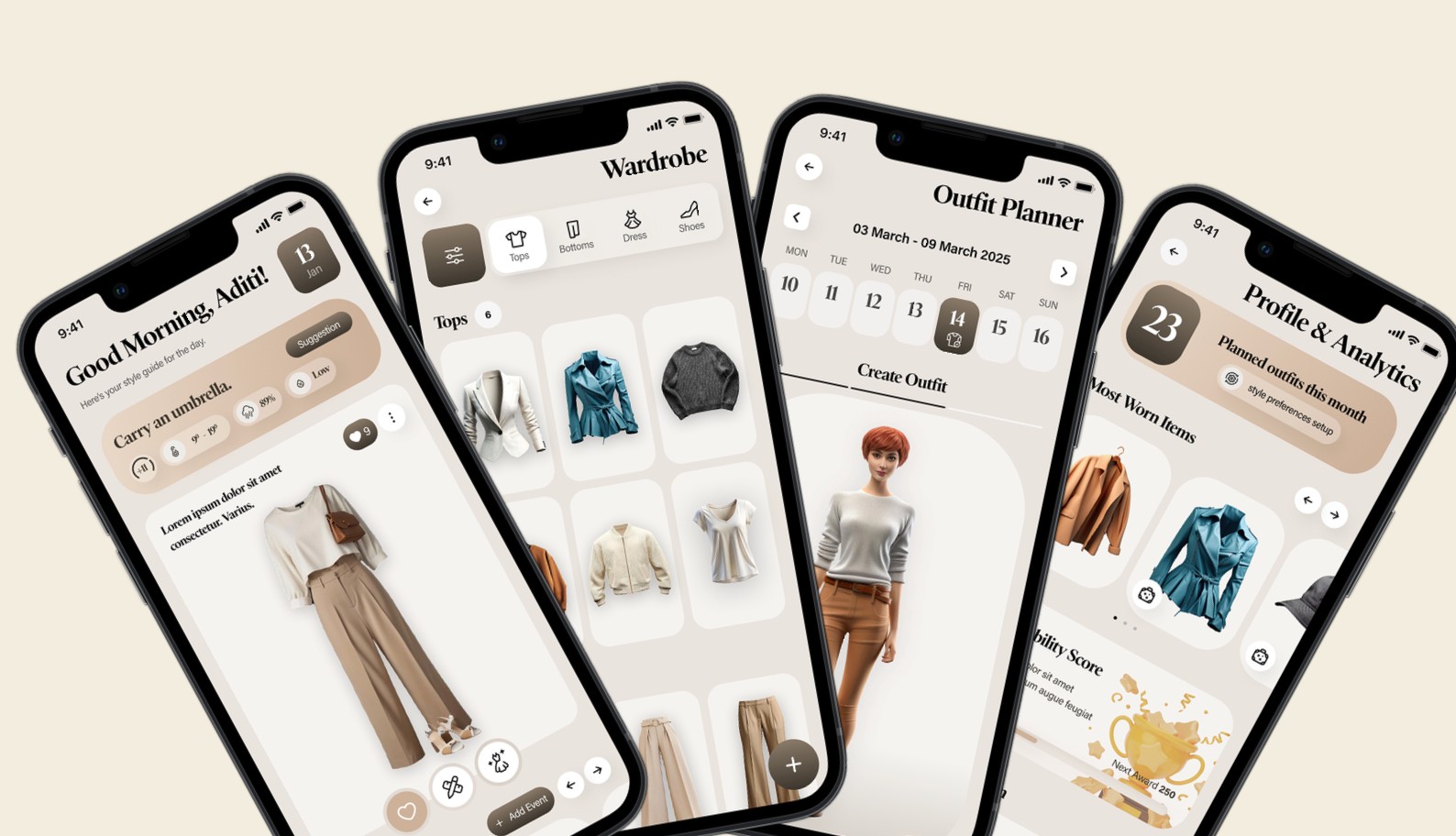 Closet Compass app preview — four iPhone mockups showing the wardrobe view, outfit planner, daily style guide, and analytics screens