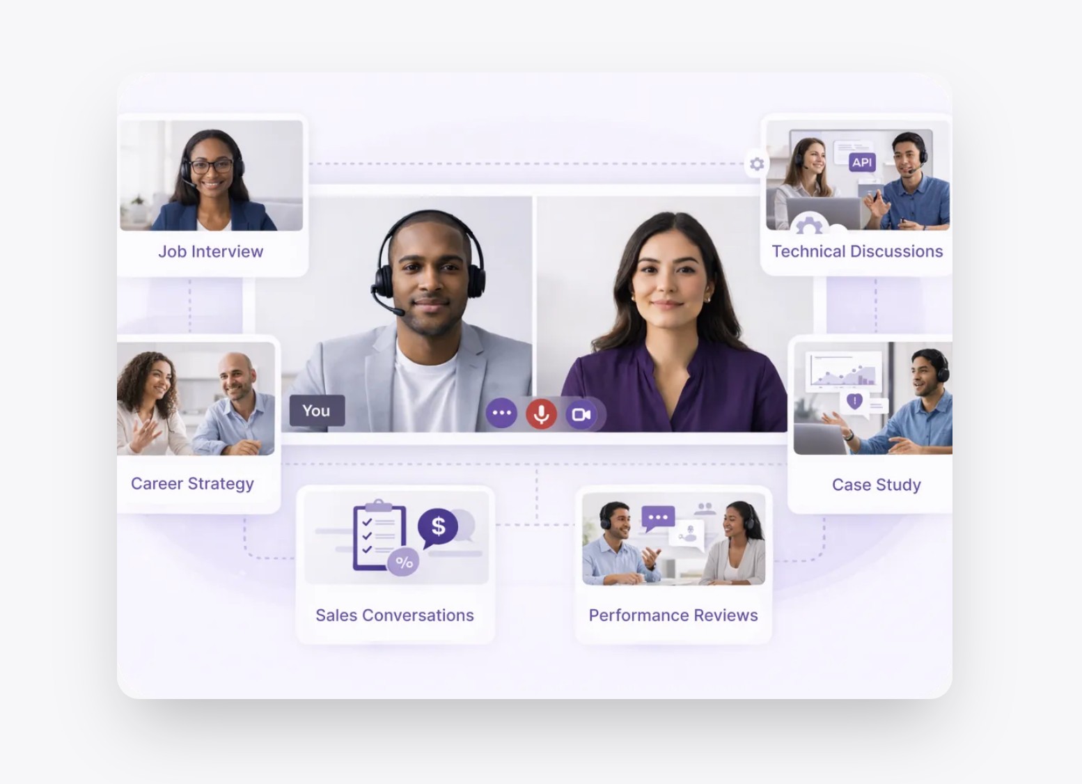 Theo product preview — an AI career co-pilot interface showing video interview, career strategy, and case study modules