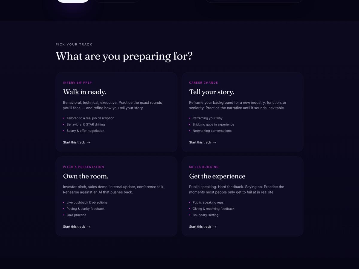 Theo's track picker on nspire.ai — 'What are you preparing for?' with four tracks: Interview Prep (Walk in ready), Career Change (Tell your story), Pitch & Presentation (Own the room), and Skills Building (Get the experience)