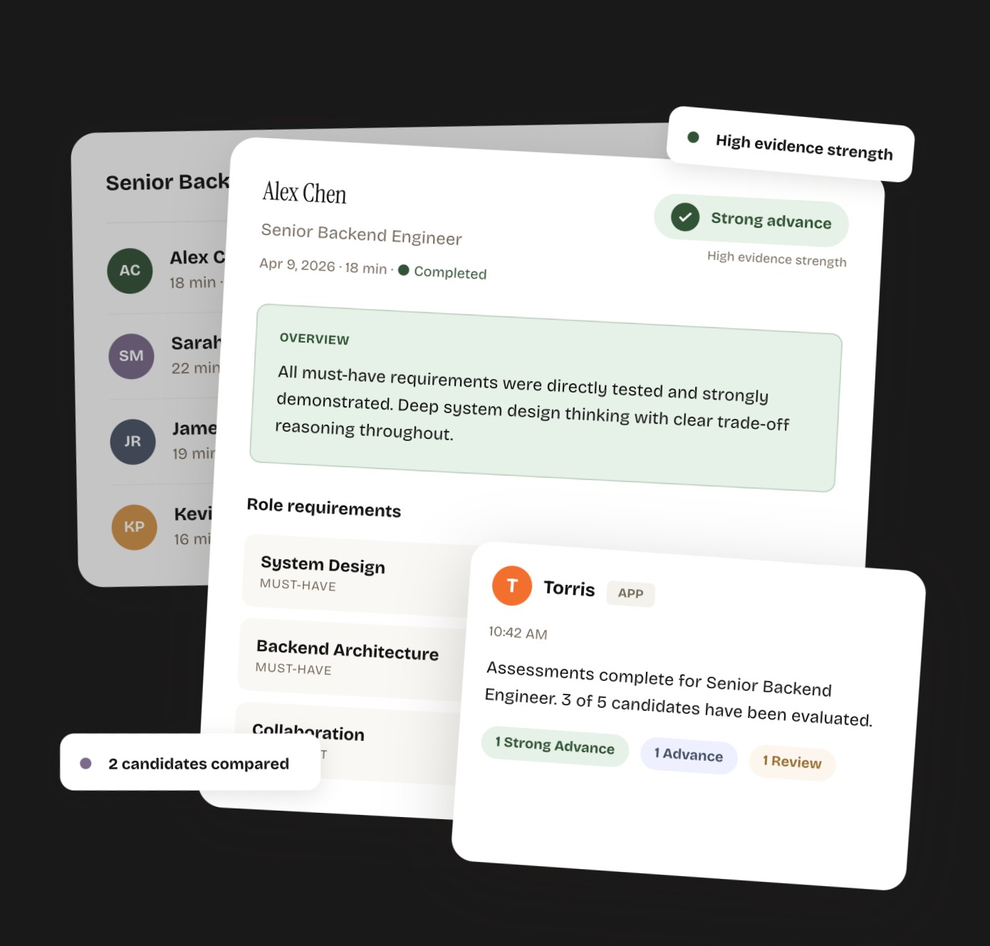 Vera product preview — AI recruiting dashboard showing candidate evaluation cards, role requirements, and a Strong Advance recommendation